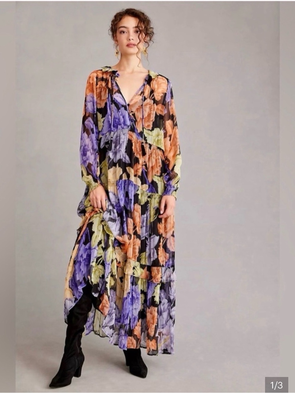 Anthropologie Floral Tiered Maxi chiffon Dress in Black, Purple & Orange